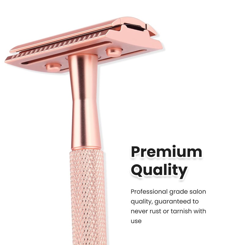 Keropy Double Edge Safety Razor For Woman With Stand and 10 Premium Stainless Steel Reusable Safety Razor, Razors For Shaving, Rose Gold - Image 3